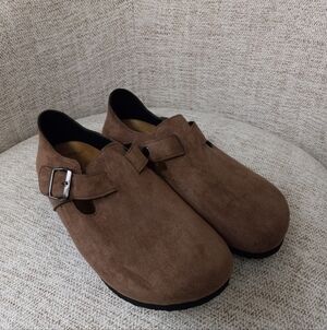 Brown Suede Buckle Mules
